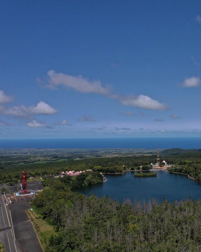 Ganga Talao in Mauritius with colourful Hindu shrines around the sacred lake