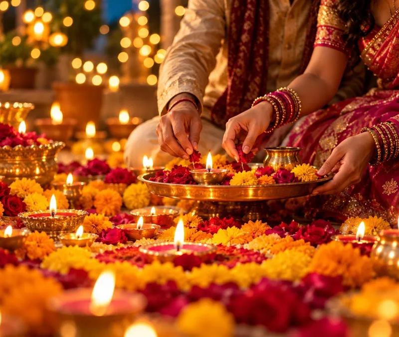 traditional-diwali-celebration-with-two-people-arranging-glowing-diyas--marigold-flowers-and-rose-petals-during-a-warm-festive-evening..webp