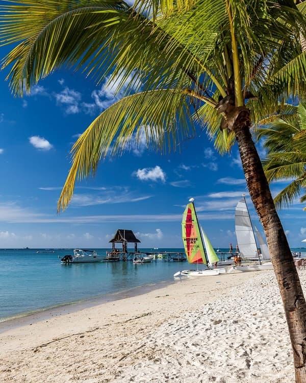 Beautiful beach view at Trou aux Biches Mauritius, with clear blue water, casuarina trees and soft sand along the north-west coast.